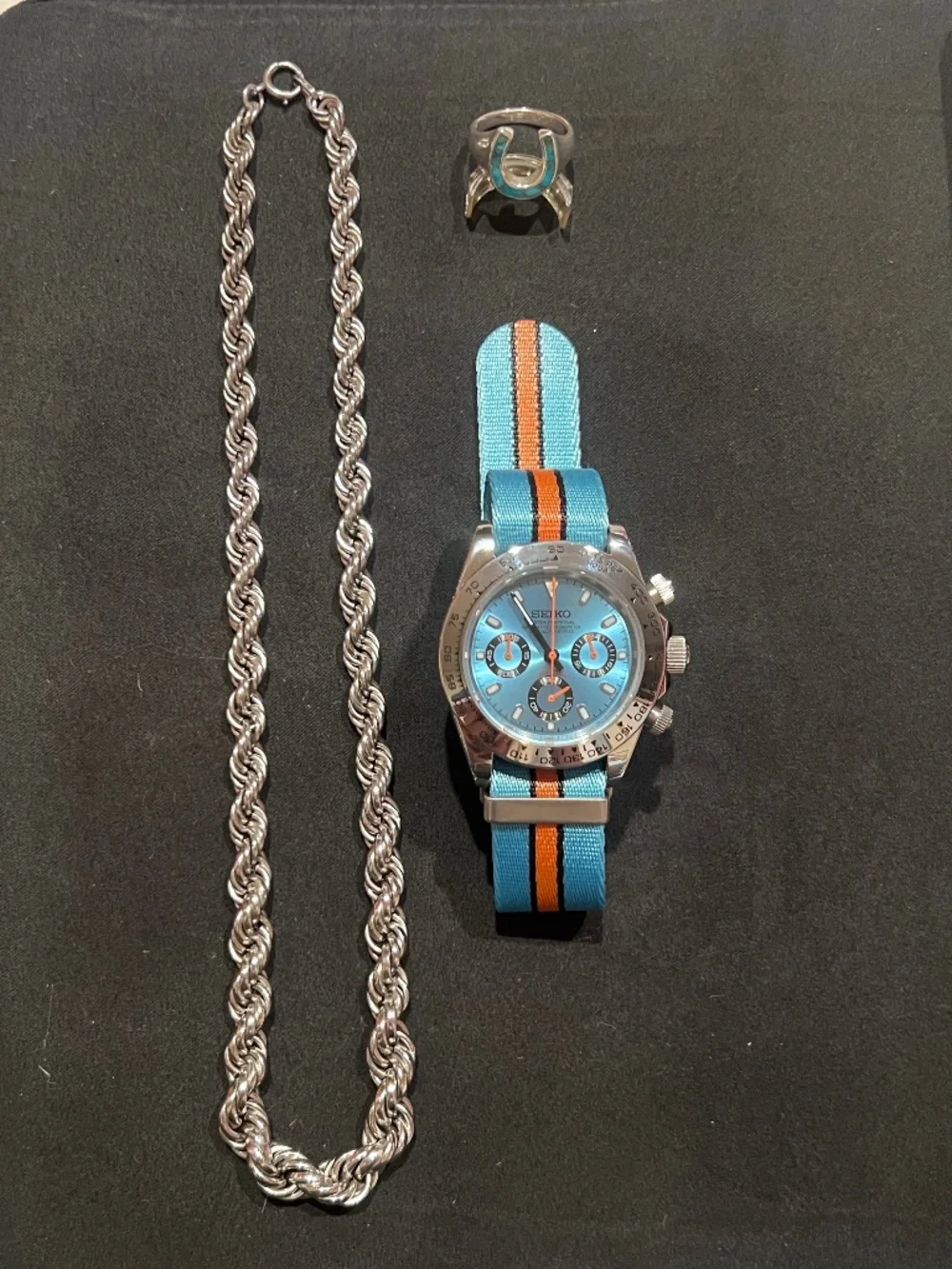 Seiko Watch Mod Daytona 925 Silver Rope Necklace Chain 925 Turquoise Stone Ring